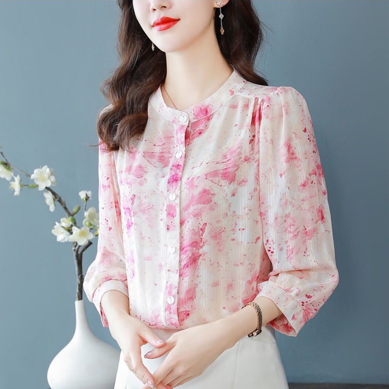 Áo Sơ Mi Chiffon Cổ Tròn Tay Lửng Dáng Rộng In Hoa Cài Nút Thoải Mái Cho Nữ