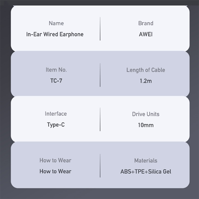 Tai nghe nhét tai AWEI TC-7 có dây giắc cắm Type C tích hợp mi cờ rô âm thanh nổi thích hợp cho Android
