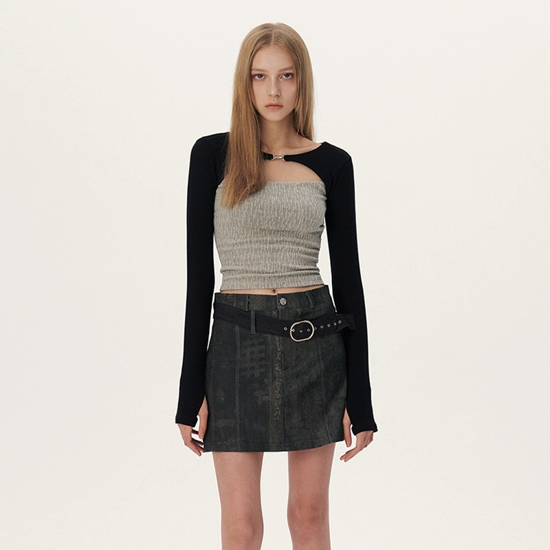 Áo Dệt Kim Dài Tay Hai Mảnh Dáng Ôm Ngắn Phong Cách Hàn Quốc Lee Sung Kyung Yuse Karina Newjeans Hanni