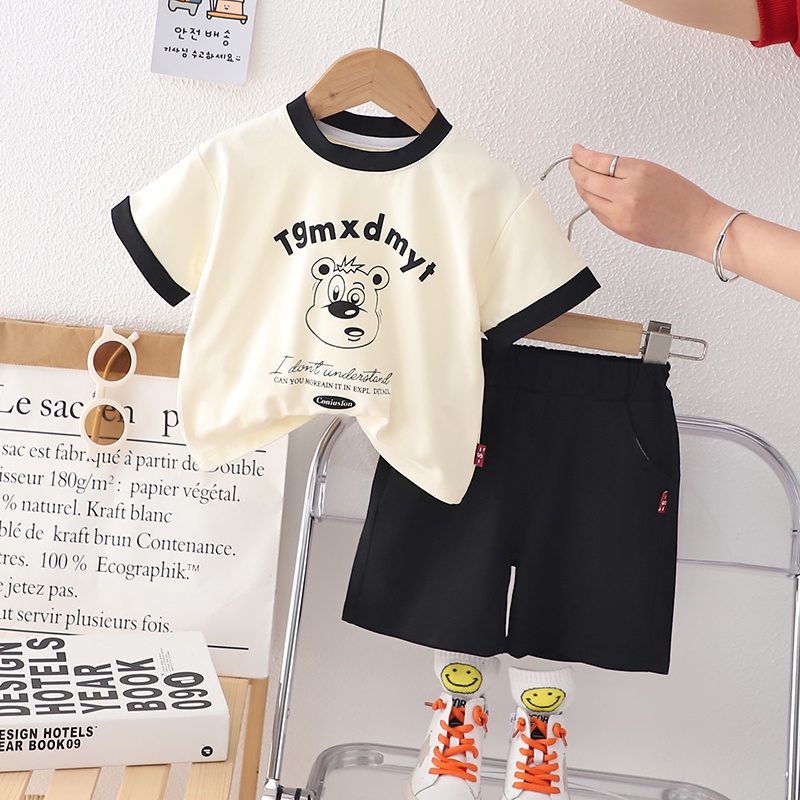 Set Áo Thun Tay Ngắn Cổ Tròn In Hình Gấu Hoạt Hình + Quần Short Màu Trơn Thời Trang Mùa Hè Cho Bé Kích Thước 80-120cm