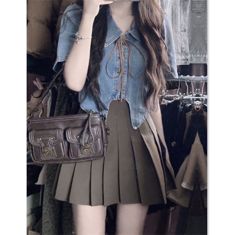 Y2k Áo Sơ Mi Denim Ngắn Thắt Dây Eo Cao Ôm Dáng Mùa Hè Màu Trơn Cổ Điển Cho Nữ