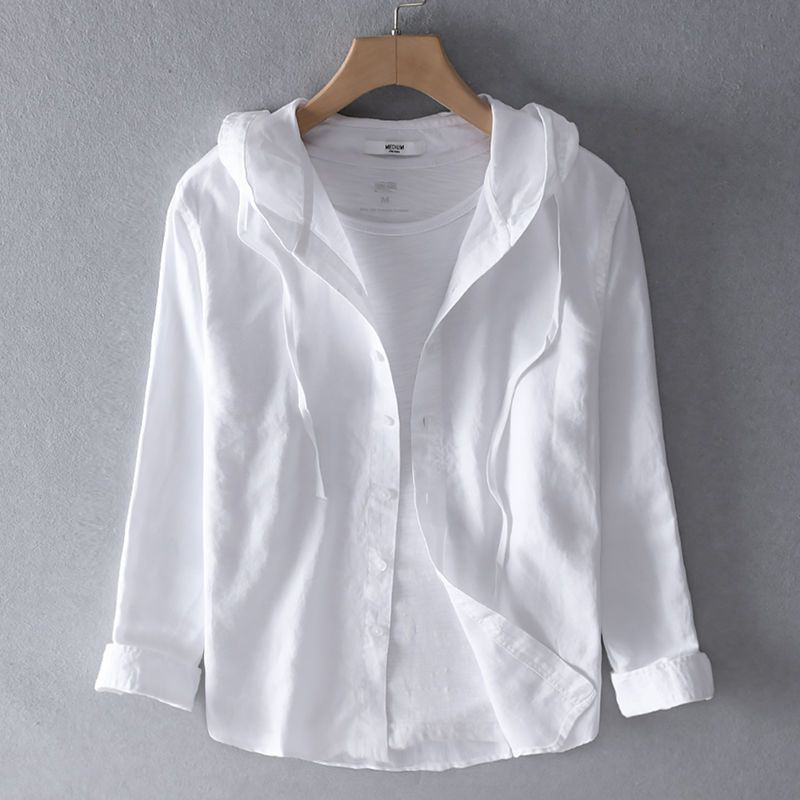 Áo Sơ Mi cotton Lanh Mỏng Tay Dài Có Nón Màu Trơn Thời Trang Xuân Hè Cho Nam
