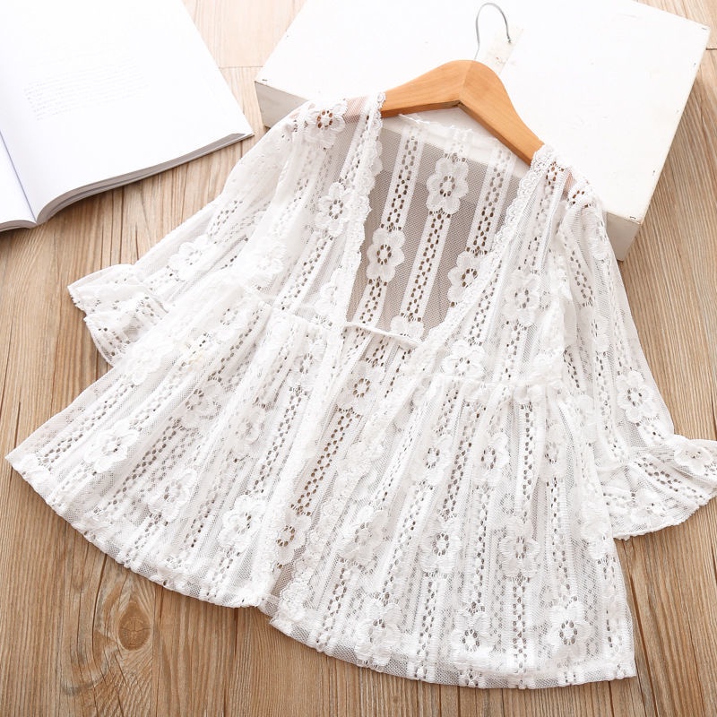 Áo Khoác Ren Mỏng Tay Loe Dài Đến Giữa Bắp Chân Thời Trang Xuân Hè Cho Bé Gái