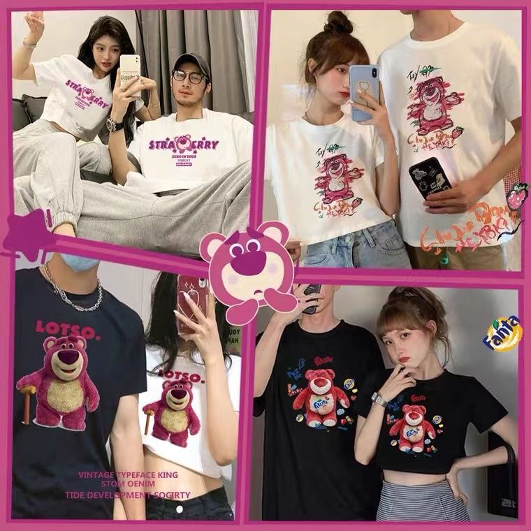 Áo phông cặp đôi mặc mùa hè tay ngắn mẫu mới gấu dâu ngắn khác nhau