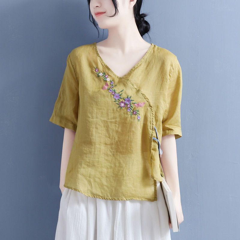 Áo Thun 40% Cotton Tay Ngắn Dáng Rộng Thêu Họa Tiết Phong Cách Retro Dành Cho Nữ
