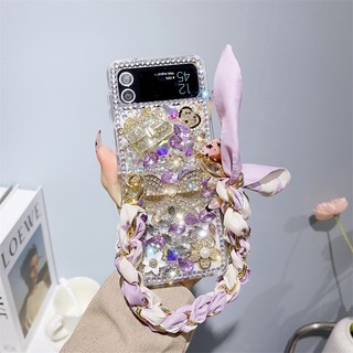 Z flip7 Sang Trọng Thanh Lịch Khăn Lụa Vòng Tay Dây Chuyền Dành Cho Samsung Galaxy Z Flip 6 Z Flip 5 Z Flip 4 flip3 flip2 Nữ Lấp Lánh Kim Cương Kim Cương Vương Miện Hoa Nơ Ốp điện thoại
