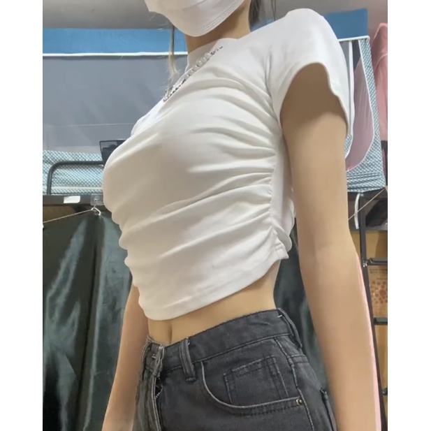 Ethelgirl Áo Thun Ngắn Tay Dáng Ôm Thiết Kế Xếp Ly Dễ Phối Đồ Thời Trang Cho Nữ