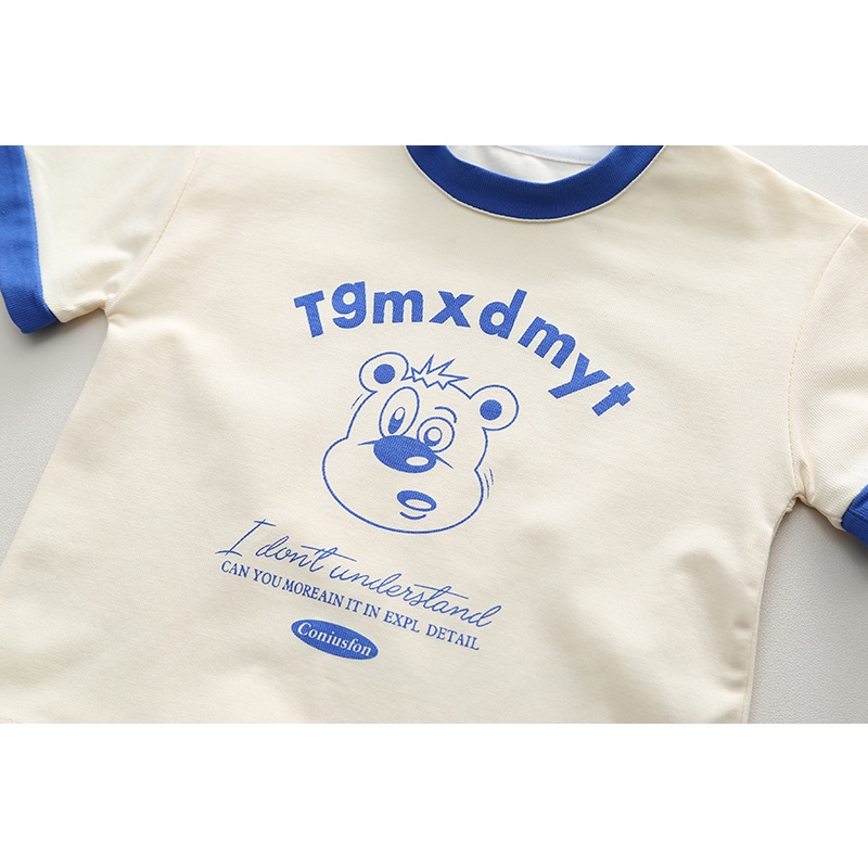Set Áo Thun Tay Ngắn Cổ Tròn In Hình Gấu Hoạt Hình + Quần Short Màu Trơn Thời Trang Mùa Hè Cho Bé Kích Thước 80-120cm