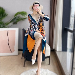Miyake Xếp Ly Phong Cách Dân Tộc Retro In Hình Nữ Phong Cách Mới Rời Ôm Hơn Nhìn Giữa Chiều Dài Váy Cao Cấp