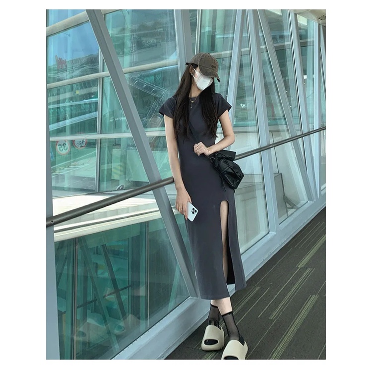 SUXI Đầm Dài Qua Gối Tay Ngắn Màu Trơn Dáng Ôm Thời Trang Mùa Hè Xinh Xắn Cho Nữ