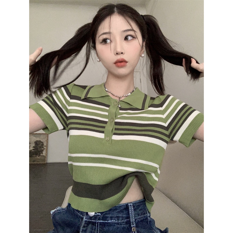 Áo polo Dệt Kim Tay Ngắn Dáng Rộng Kẻ Sọc Kiểu Hàn Quốc Thời Trang