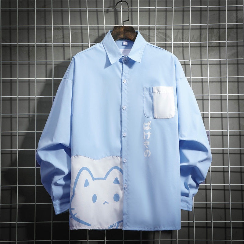 Áo Khoác Sơ Mi Tay Dài Dáng Rộng In Hình Mèo Kiểu Nhật Bản Dễ Phối Đồ Thời Trang Cho Cặp Đôi