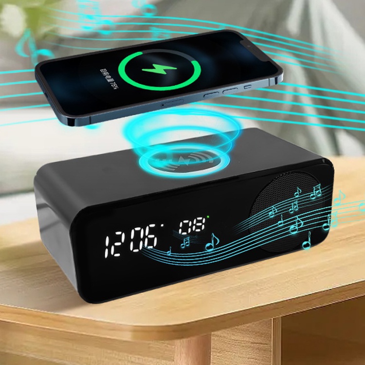 Bộ Loa Không Dây QI 15W Kiêm Sạc Nhanh Kiêm Đồng Hồ Kỹ Thuật Số Có Giá Đ