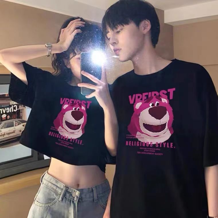 Áo phông cặp đôi mặc mùa hè tay ngắn mẫu mới gấu dâu ngắn khác nhau