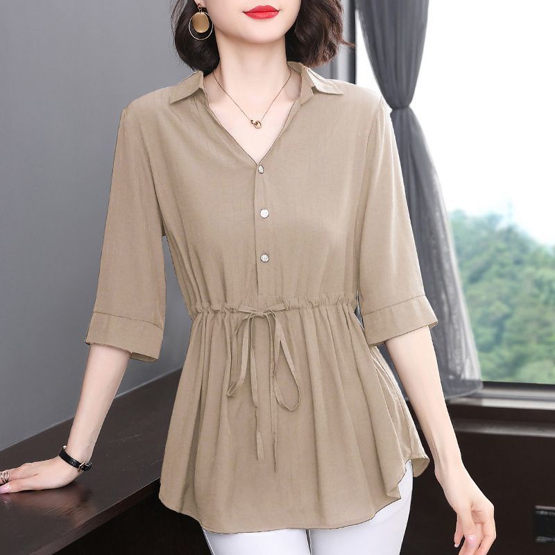 Áo Sơ Mi Cotton Lụa Lạnh Tay Lửng Dáng Rộng Buộc Dây Eo Cỡ Lớn Thời Trang Mùa Hè