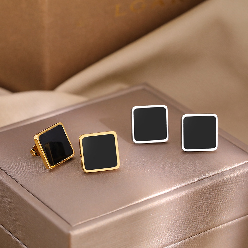 Bông Tai Hình Vuông Bằng Thép Không Gỉ Màu Đen Phong Cách Hàn Quốc Thời Trang Cho Nữ