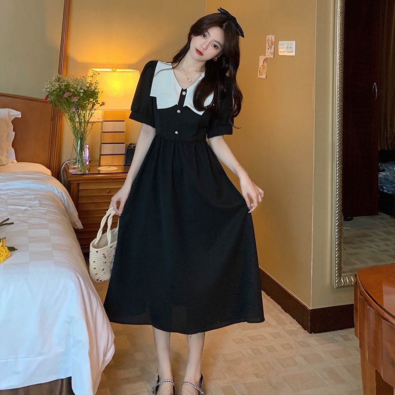 ZHELIHANGFEI Đầm Đen Dáng Dài Chiết Eo Cao Phong Cách Retro Hàn Quốc