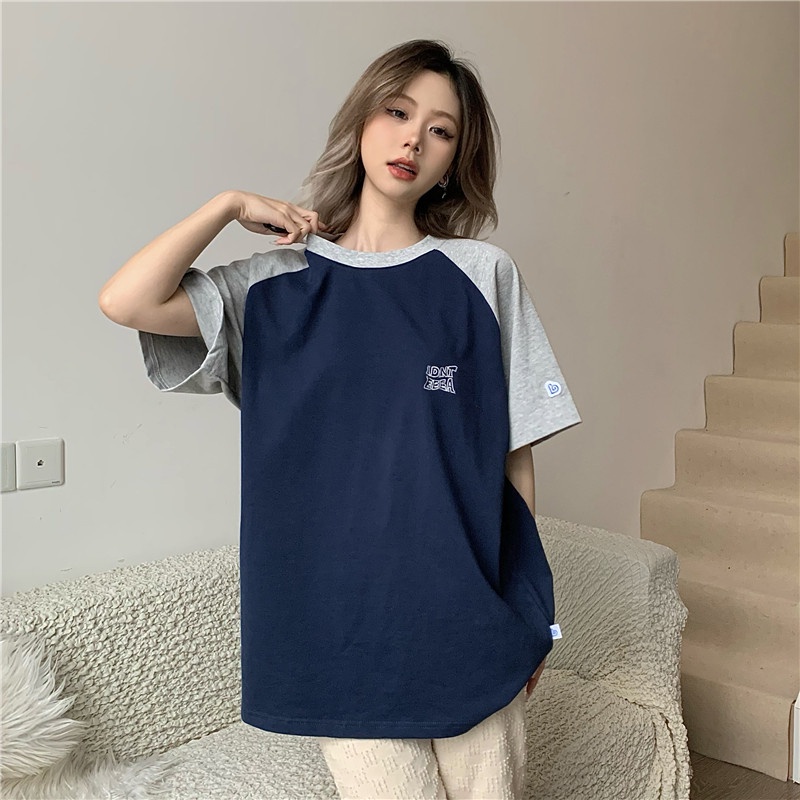 Ethelgirl Áo Thun Tay Ngắn Cổ Tròn Dáng Rộng Màu Sắc Tương Phản Phong Cách Thời Trang Mỹ Dành Cho Nữ