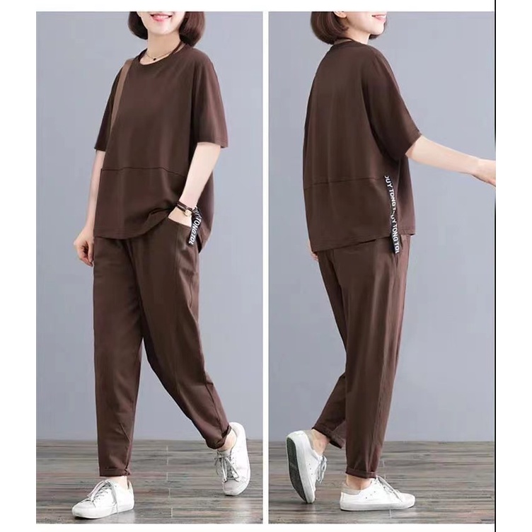 Set 2 Món Áo Thun Tay Ngắn Dáng Suông + Quần Dài Lưng Cao Thời Trang Cho Nữ Size 5XL #541