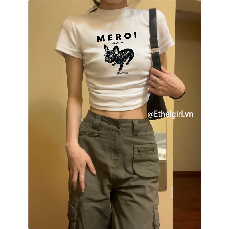 Ethelgirl Áo Thun Croptop Tay Ngắn Dáng Ôm In Họa Tiết Thời Trang Hàn Quốc Quyến Rũ Cho Nữ