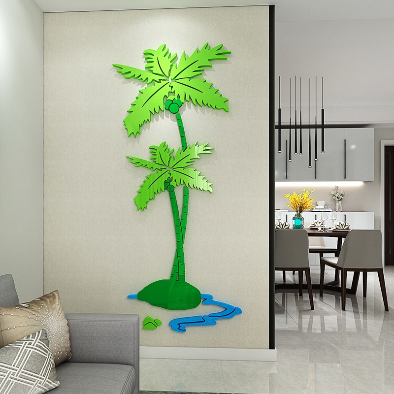 Tranh mica cây dừa 3D dán tường ba chiều quán trà sữa tráng miệng trang trí tường phòng khách sofa phòng ăn bố trí phông nền TV tranh tường tự dính