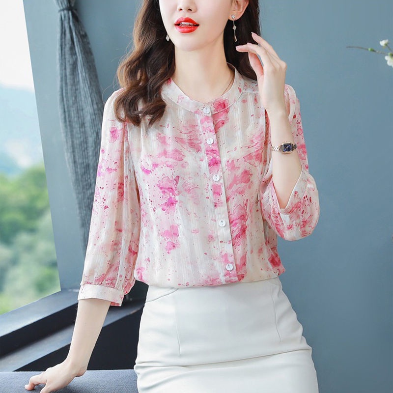 Áo Sơ Mi Chiffon Cổ Tròn Tay Lửng Dáng Rộng In Hoa Cài Nút Thoải Mái Cho Nữ