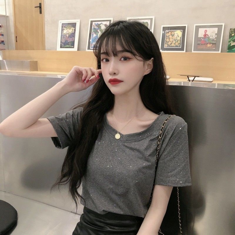 Áo Thun Nữ Ngắn Tay Cổ Chữ v Thời Trang Hàn