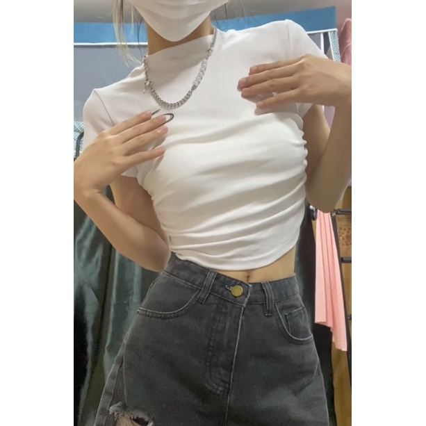 Ethelgirl Áo Thun Ngắn Tay Dáng Ôm Thiết Kế Xếp Ly Dễ Phối Đồ Thời Trang Cho Nữ