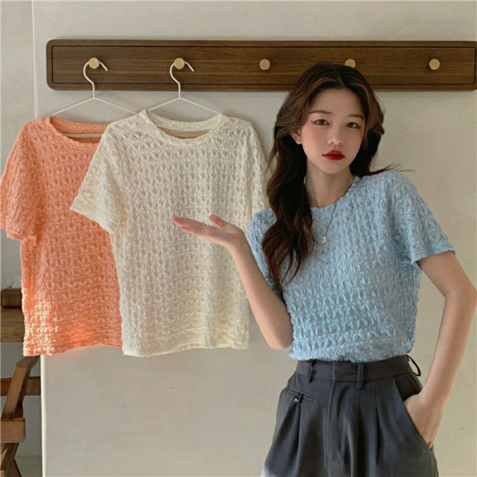 Áo Thun Tay Ngắn Dáng Rộng Phối Ren Lỗ Thời Trang Mùa Hè Phong Cách Hàn Quốc Cho Nữ