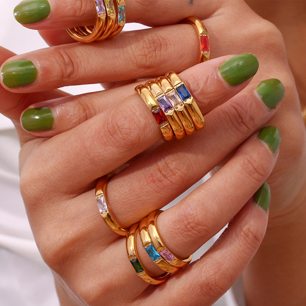 Nhẫn Thép Không Gỉ Mạ Vàng 18K Đính Đá Zircon 12 Màu