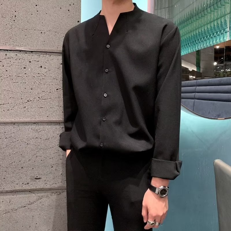 Áo Sơ Mi Nam Dài Tay Cổ Chữ V Màu Đen Thời Trang Hàn