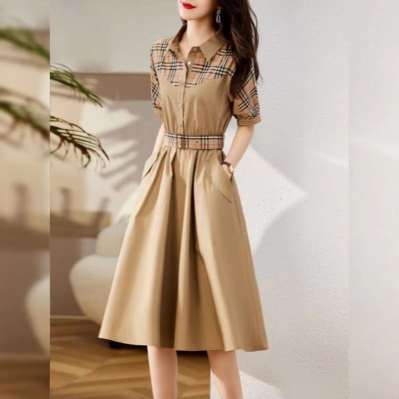 Đầm Mùa Hè Dáng Chữ A Tay Cộc Ghép Nối Kẻ Sọc Caro Thời Trang Thanh Lịch Cho Nữ