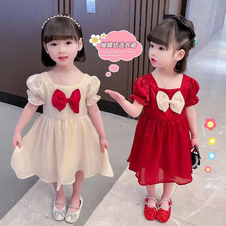 Đầm Công Chúa Tay Ngắn Đính Nơ To Hở Lưng Màu Đen Và Hồng Dành Cho Bé Gái 0-4 Tuổi