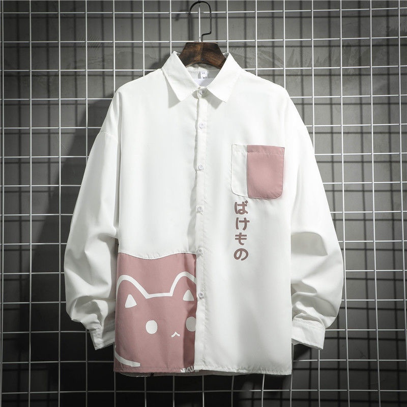 Áo Khoác Sơ Mi Tay Dài Dáng Rộng In Hình Mèo Kiểu Nhật Bản Dễ Phối Đồ Thời Trang Cho Cặp Đôi