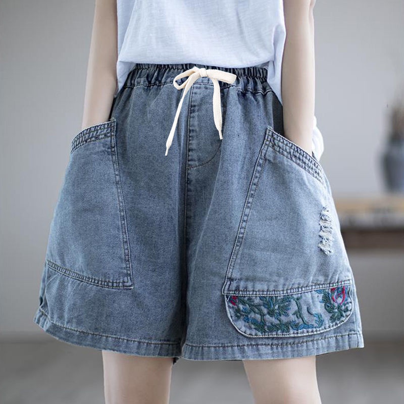 Quần Short Denim Mỏng Lưng Cao Dáng Rộng Thêu Họa Tiết Kiểu Retro Thời Trang 2023 Mới