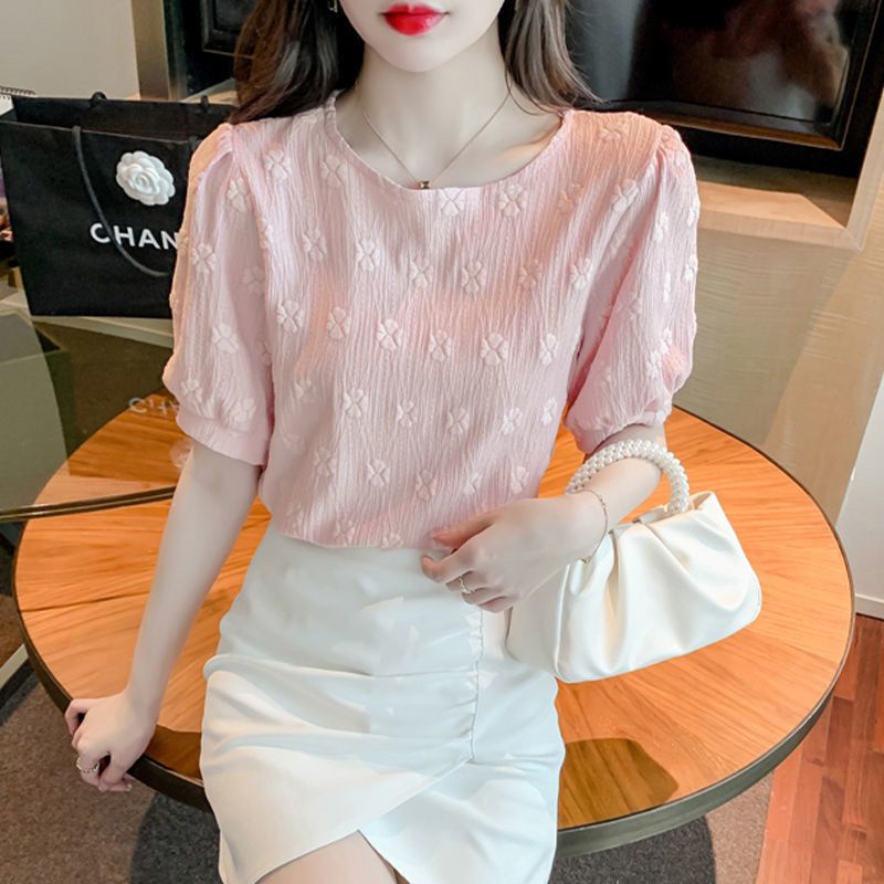 Áo Thun Tay Phồng Ngắn Cổ Tròn Phối Ren Phong Cách Vintage Pháp N518