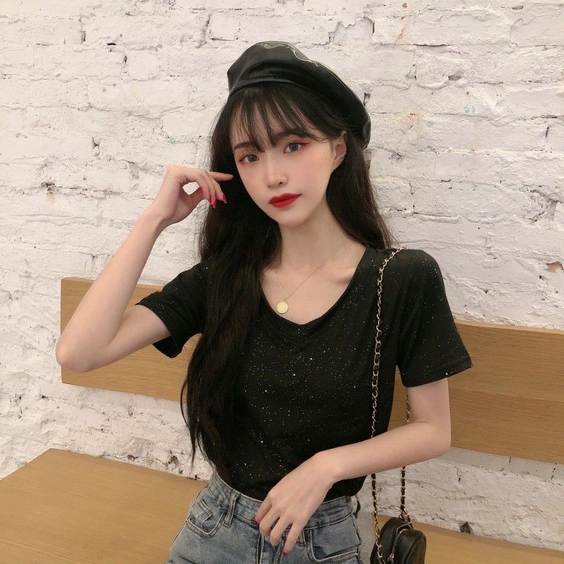 Áo Thun Nữ Ngắn Tay Cổ Chữ v Thời Trang Hàn