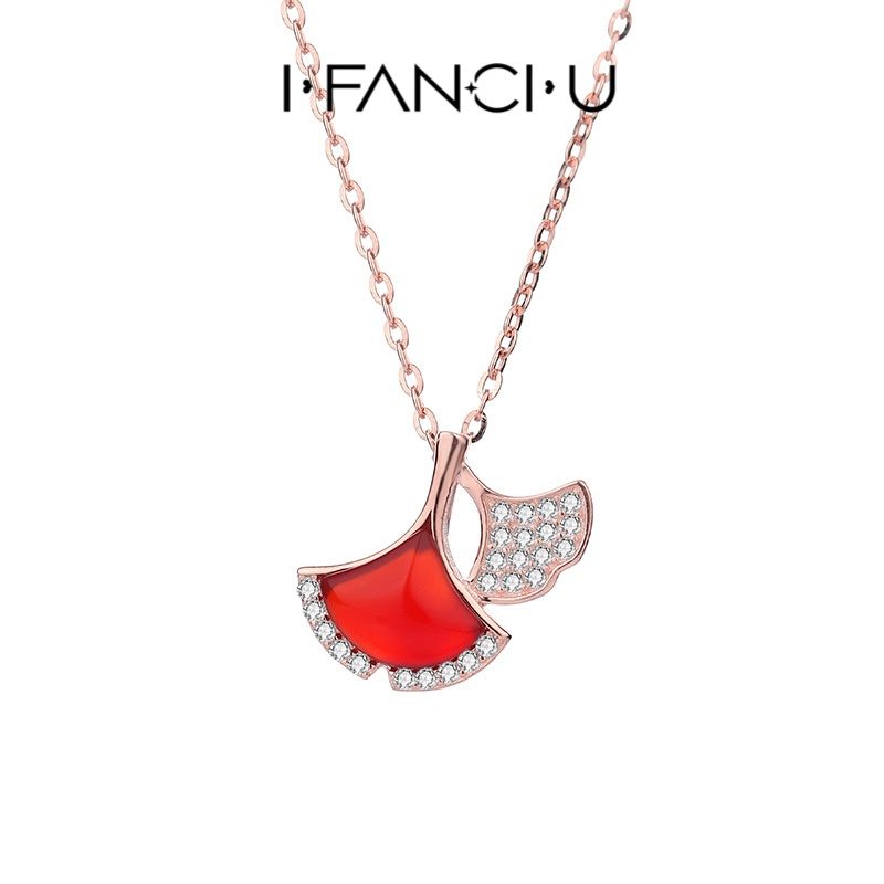 【I FANCI U】Dây Chuyền Bạc 925 Mặt Đá Mã Não Đỏ 18K Thiết Kế Đơn Giản Vòng Cổ Kim Cương Nữ