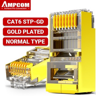Ampcom đầu nối rj45 cat6 chắn stp, đầu nối modular plug 8p8c dùng kẹp cho cáp ethernet, đầu nối ethernet mạ vàng 50u