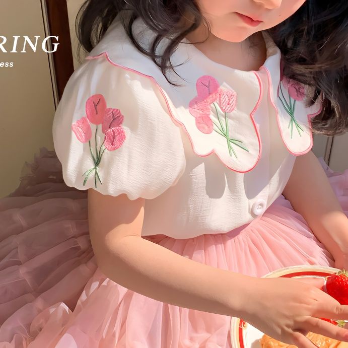 Áo Sơ Mi Tay Ngắn Phồng Cổ Búp Bê Thêu Họa Tiết Phong Cách Hàn Quốc Mẫu Mới 2023 Dành Cho Bé Gái