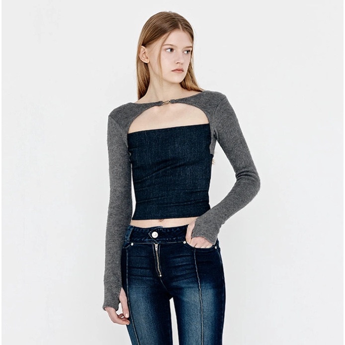 Áo Dệt Kim Dài Tay Hai Mảnh Dáng Ôm Ngắn Phong Cách Hàn Quốc Lee Sung Kyung Yuse Karina Newjeans Hanni