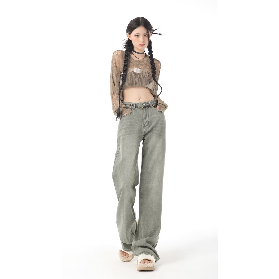 Porozi  Quần Jean Ống Rộng Cạp Cao Màu Xanh Lá Cây Giặt Được Kiểu Dáng retro Cho Nữ