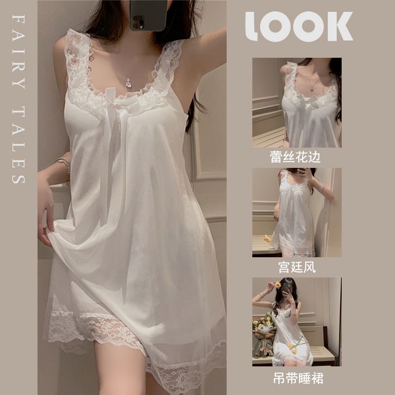 Hy Đầm Ngủ Công Chúa Hai Dây Viền Ren Màu Trơn Gợi Cảm Mặc Ở Nhà Phong Cách Hoàng Gia Mùa Hè Cho Nữ