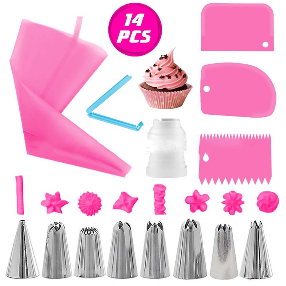 Set 14 Túi Bắt Bông Kem Kèm 8 Đầu Phun Bằng Thép Không Gỉ