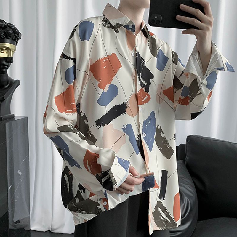 Áo Sơ Mi denim Tay Dài Dáng Ôm In Hoa Kiểu Nhật Bản Cá Tính Cho Nam