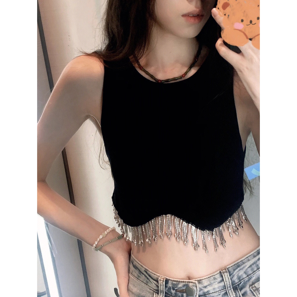 Áo Croptop Dệt Kim Dáng Ôm Viền Tua Rua Đính Hạt Kim Cương Quyến Rũ Cho Nữ