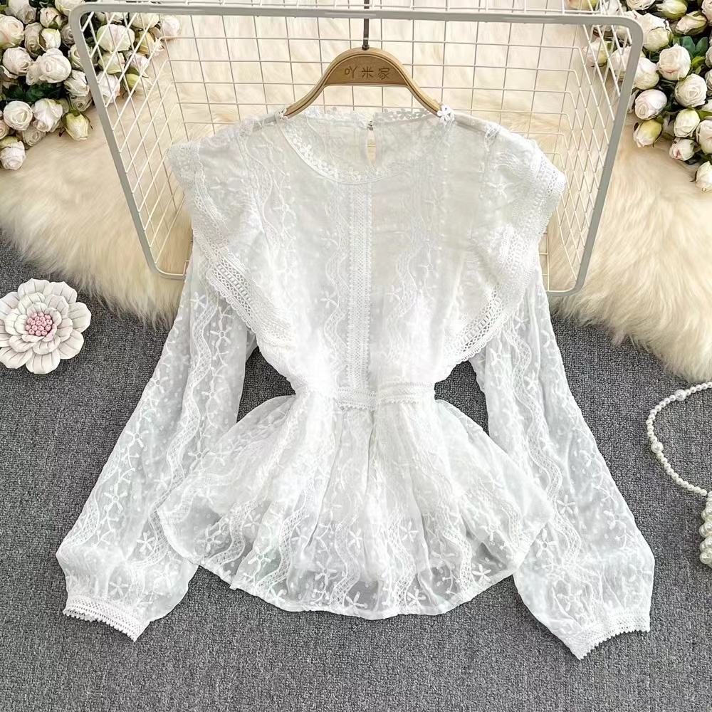 Áo Kiểu Cổ Tròn Nhấn Eo Phối Ren Thời Trang Pháp Nữ Tính Ngọt Ngào