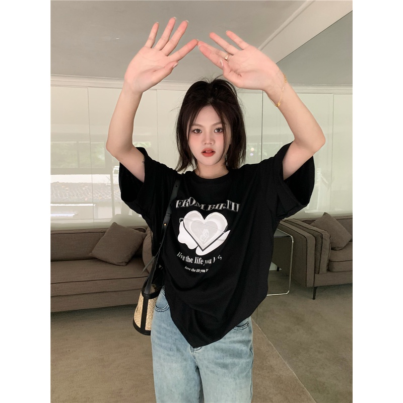 NUZIRO Áo Thun Tay Ngắn Cổ Tròn Màu Trắng In Họa Tiết Trái Tim Thời Trang Mùa Hè Phong Cách Hàn Quốc Cho Nữ