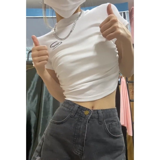 Ethelgirl Áo Thun Ngắn Tay Dáng Ôm Thiết Kế Xếp Ly Dễ Phối Đồ Thời Trang Cho Nữ