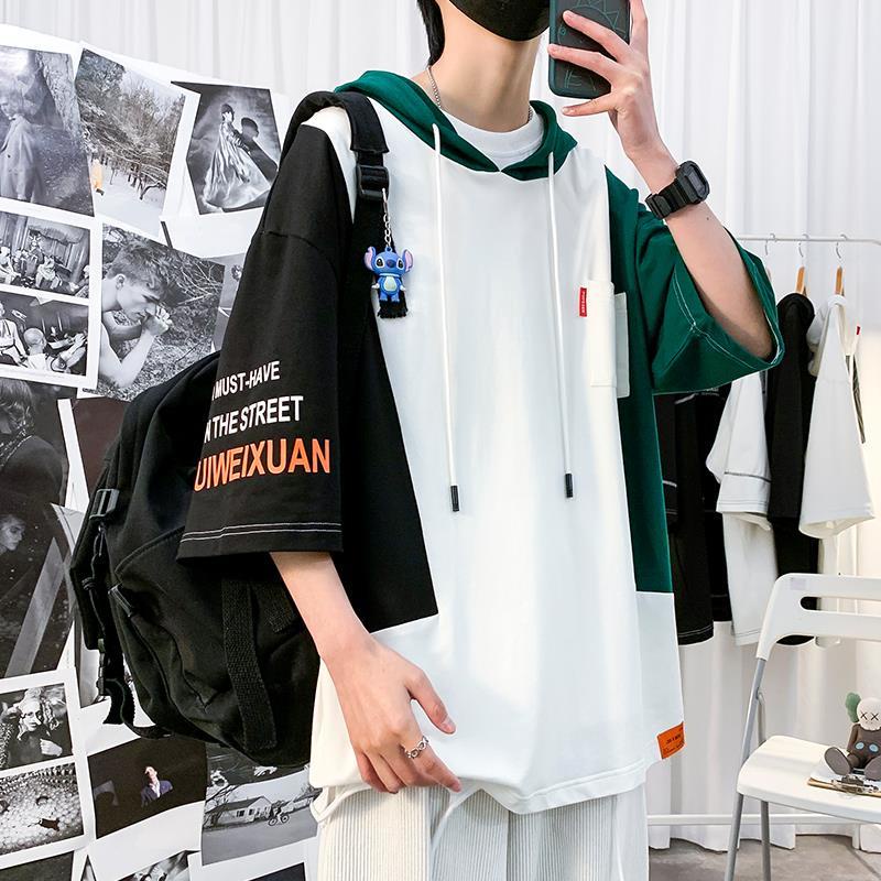 Áo Thun Ba Lỗ Có Mũ Trùm Dáng Rộng Màu Sắc Tương Phản Phong Cách Hong Kong Thời Trang Mùa Hè Cho Nam Và Nữ
